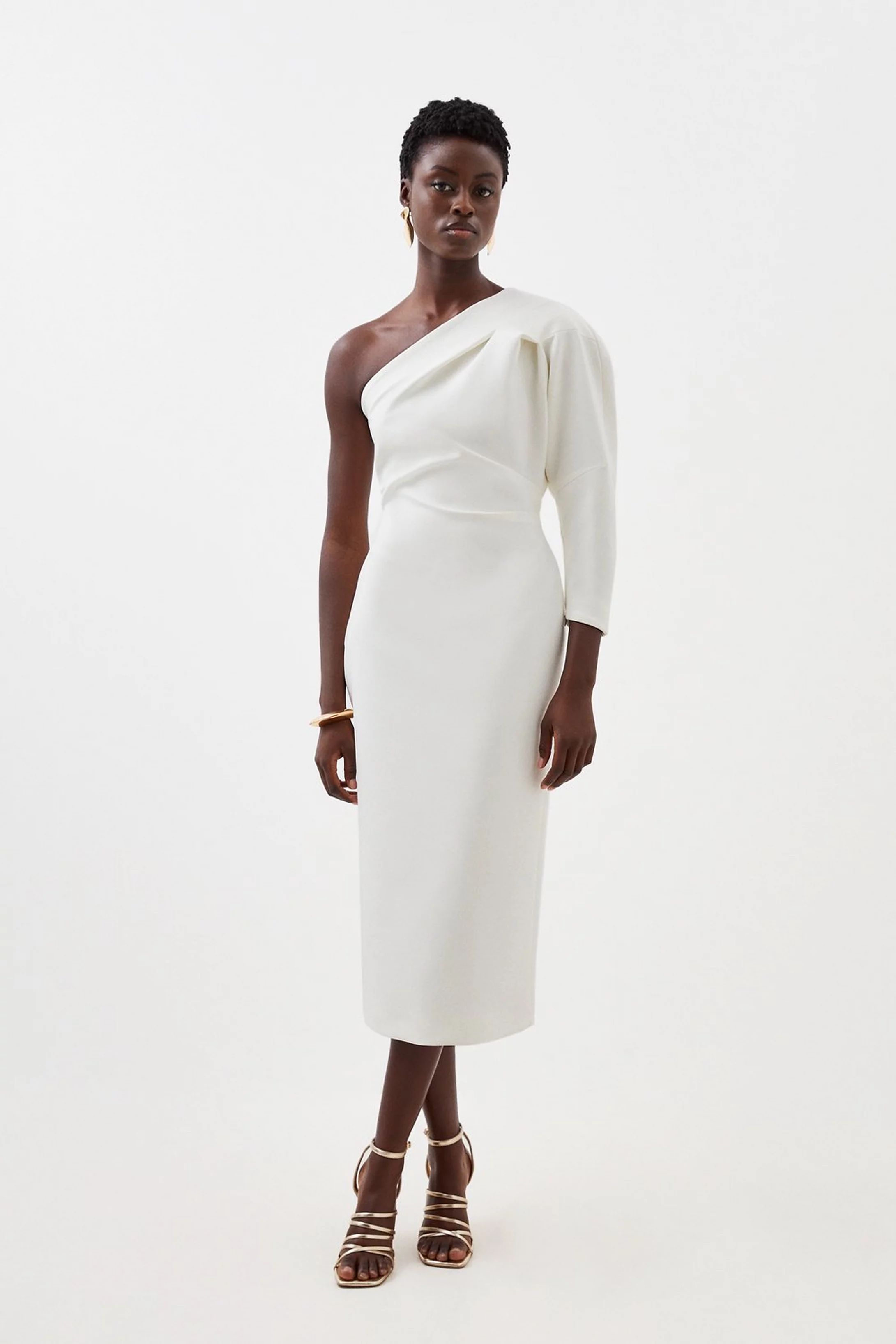 Tailored Compact Stretch One Shoulder Midi Dress | Karen Millen US