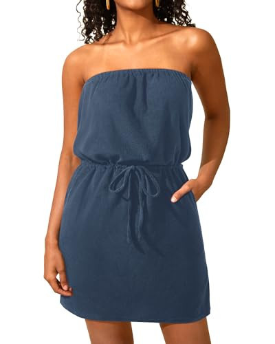 Pinup Fashion Bathing Suit Cover Up Women Navy Blue Terry Cloth Bandeau Dresses S-XL | Amazon (US)