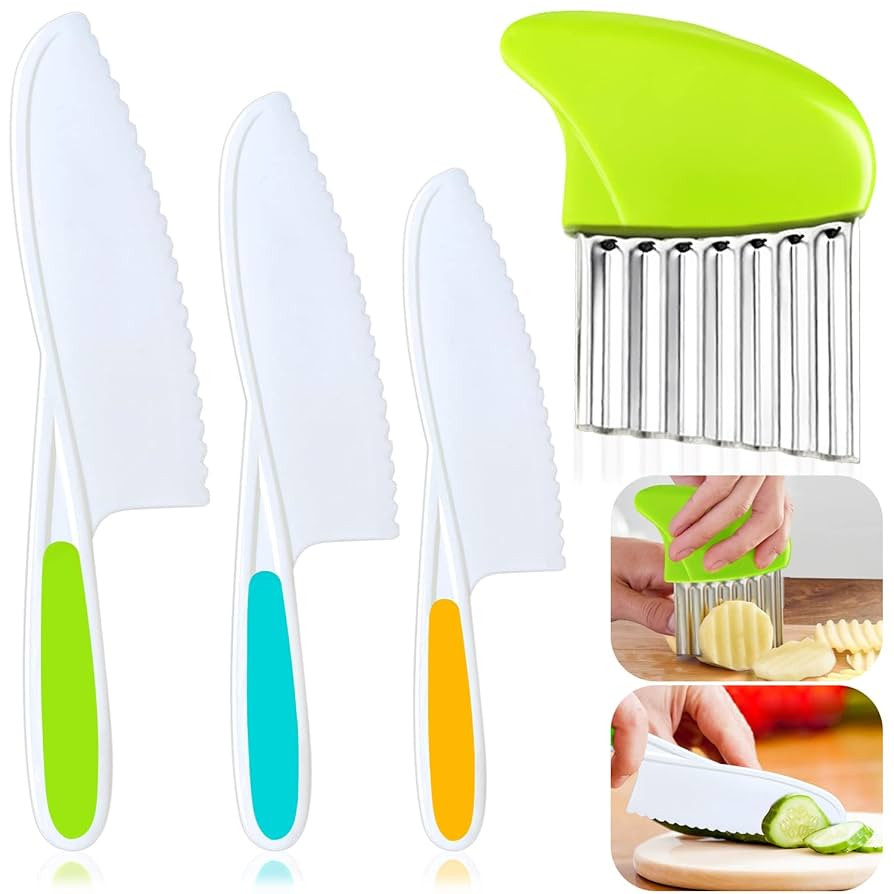 4 Pcs Kids Knife Set, Kids Kitchen Knife with Crinkle Cutter, Serrated Edges Plastic Toddler Chef... | Amazon (US)