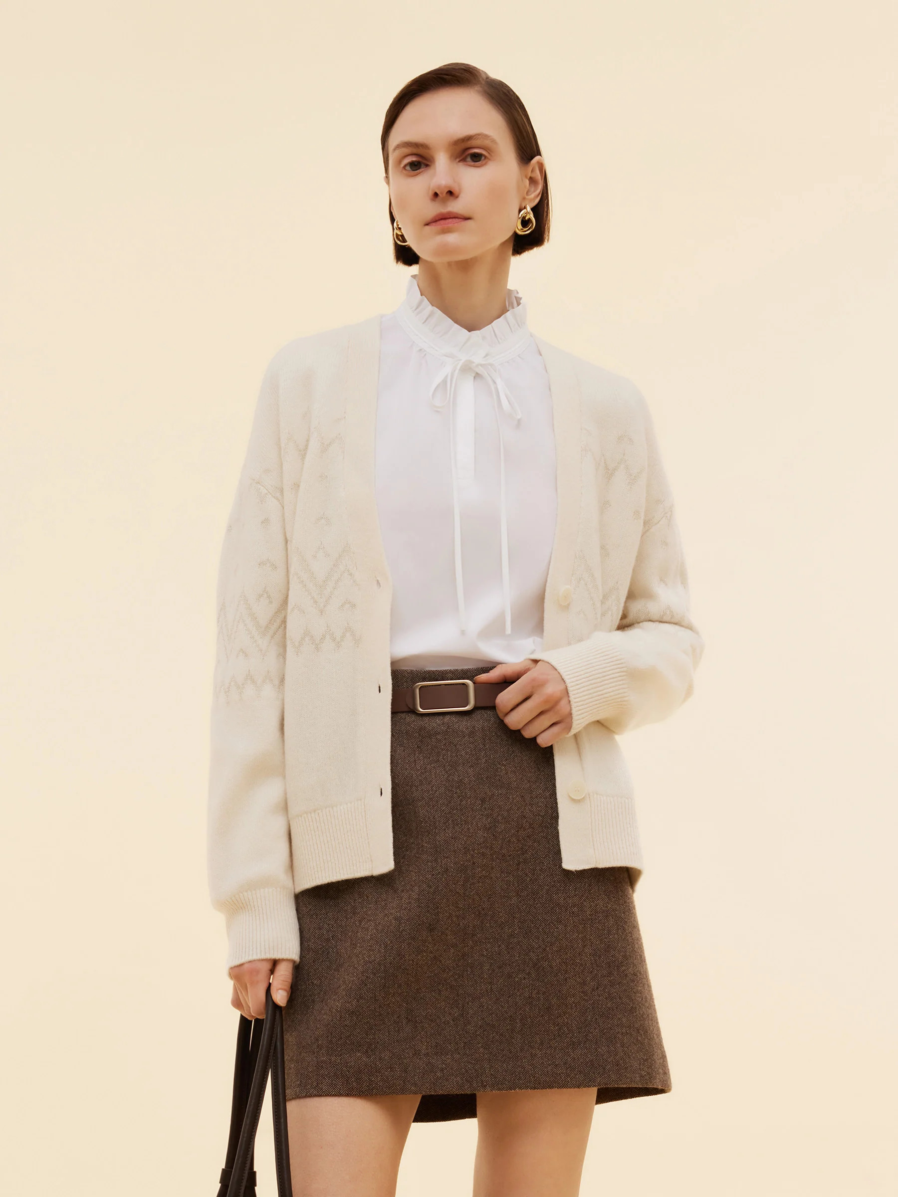 100% Wool Jacquard Women Cardigan - White Combo / S | GOELIA