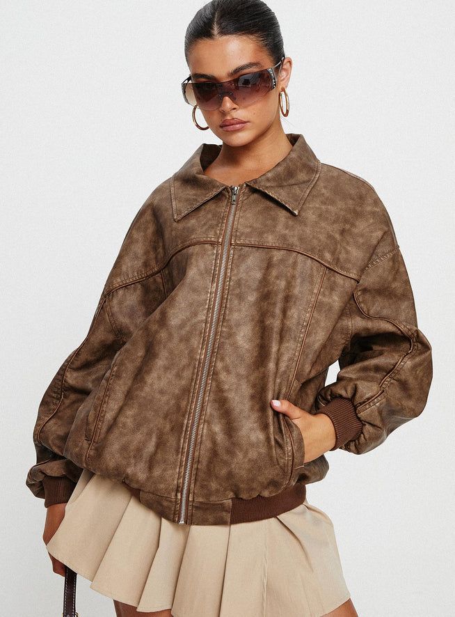 Goldsmith Faux Leather Bomber Jacket Washed Brown | Princess Polly US