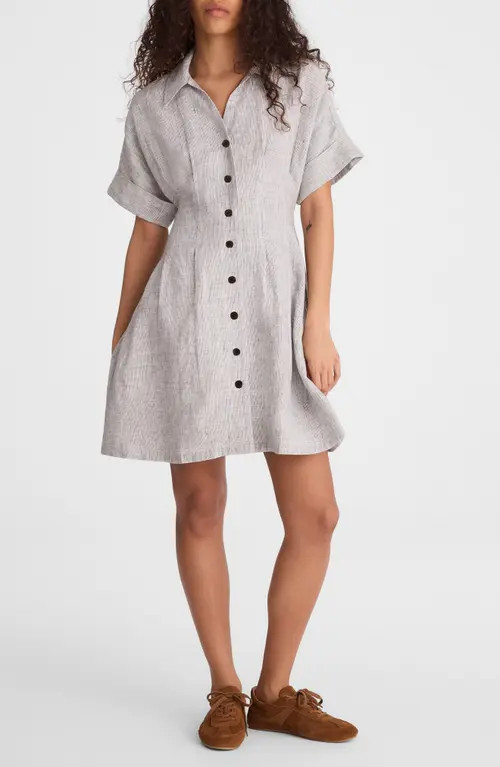 Madewell Pleated Linen Mini Shirtdress in Black White Mini Stripe at Nordstrom, Size Xx-Large | Nordstrom