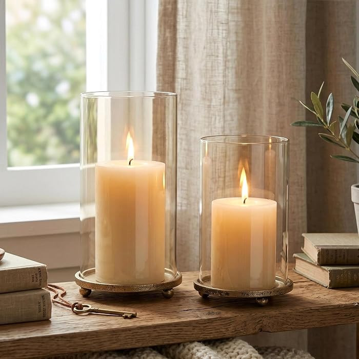 Hurricane Candle Holders Set of 2 - Pillar Candle Stands with Glass Sleeves for Fireplace Mantel ... | Amazon (US)