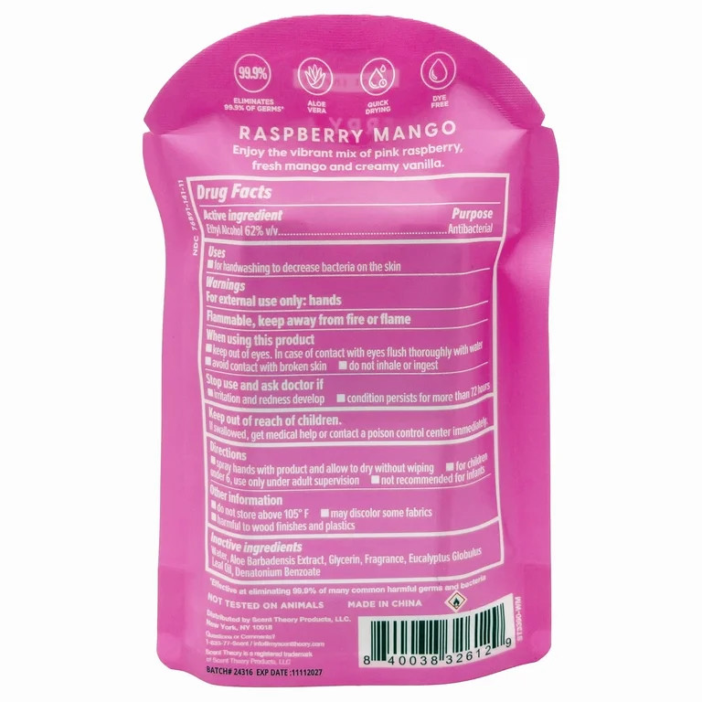 Scent Theory Hand Sanitizer Spray, Raspberry Mango, 1 fl oz | Walmart (US)