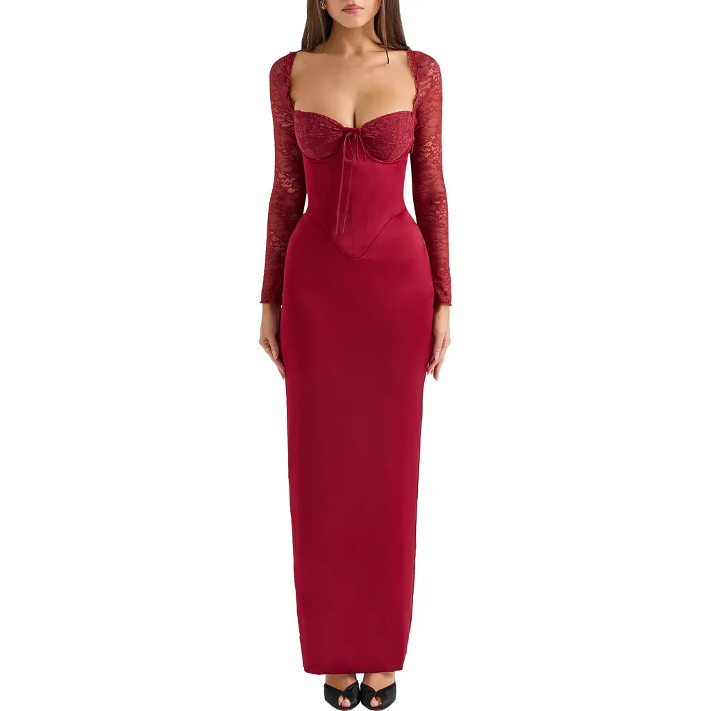 HOUSE OF CB Perdi Corset Bodice Long Sleeve Gown in Rhubarb at Nordstrom, Size X-Small D | Nordstrom