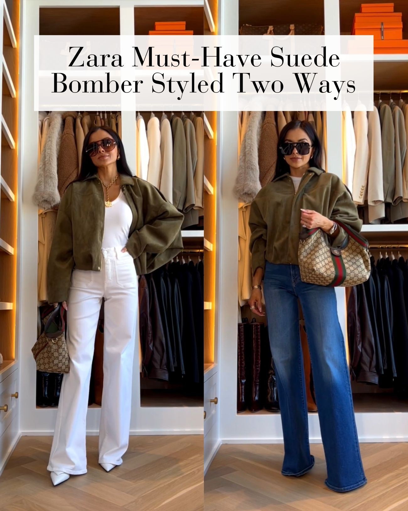 Spring jackets every woman needs, miamiamine spring transition outfits, wearing the viral Zara suede  bomber jacket. Styled with my favorite white jeans by frame, wearing an XS and 24 in all.

Denim outfits, white denim, all white outfits, Gucci giglio bag 

#LTKOver40 #LTKootd #LTKPetite