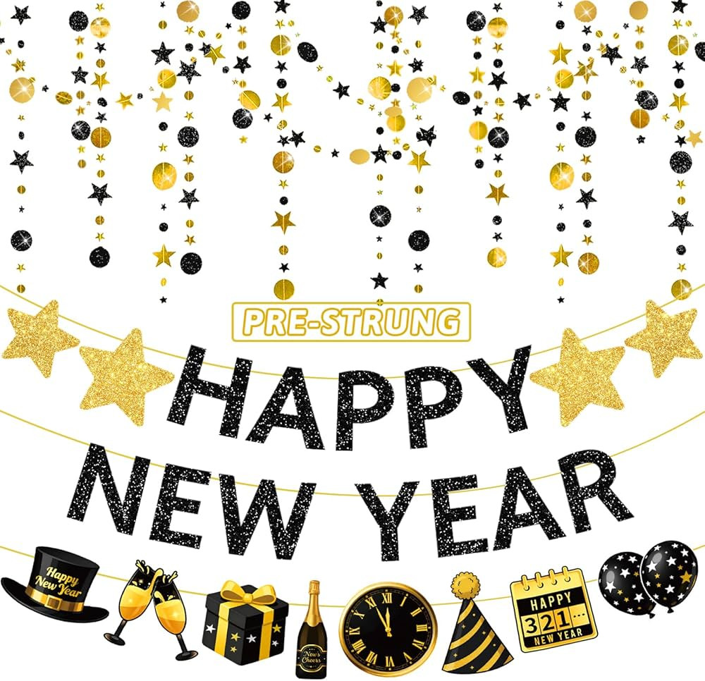 4PCS Pre-Strung Happy New Year Banner 2026, Black and Gold Glitter Happy New Year Decorations Cir... | Amazon (US)
