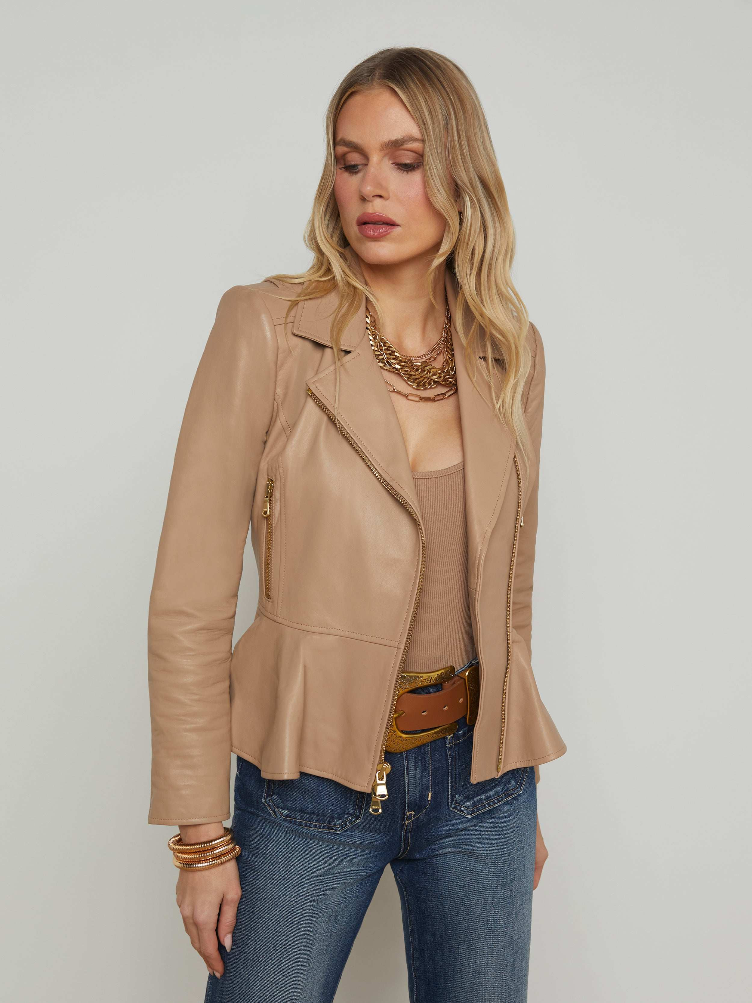 Lyric Leather Peplum Jacket in Cappuccino | L'AGENCE | L'Agence