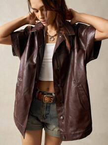 Bohemela Solid Color PU Collar Oversized Long Sleeve Shirt Dress For Women,Short Sleeve Tops | SHEIN