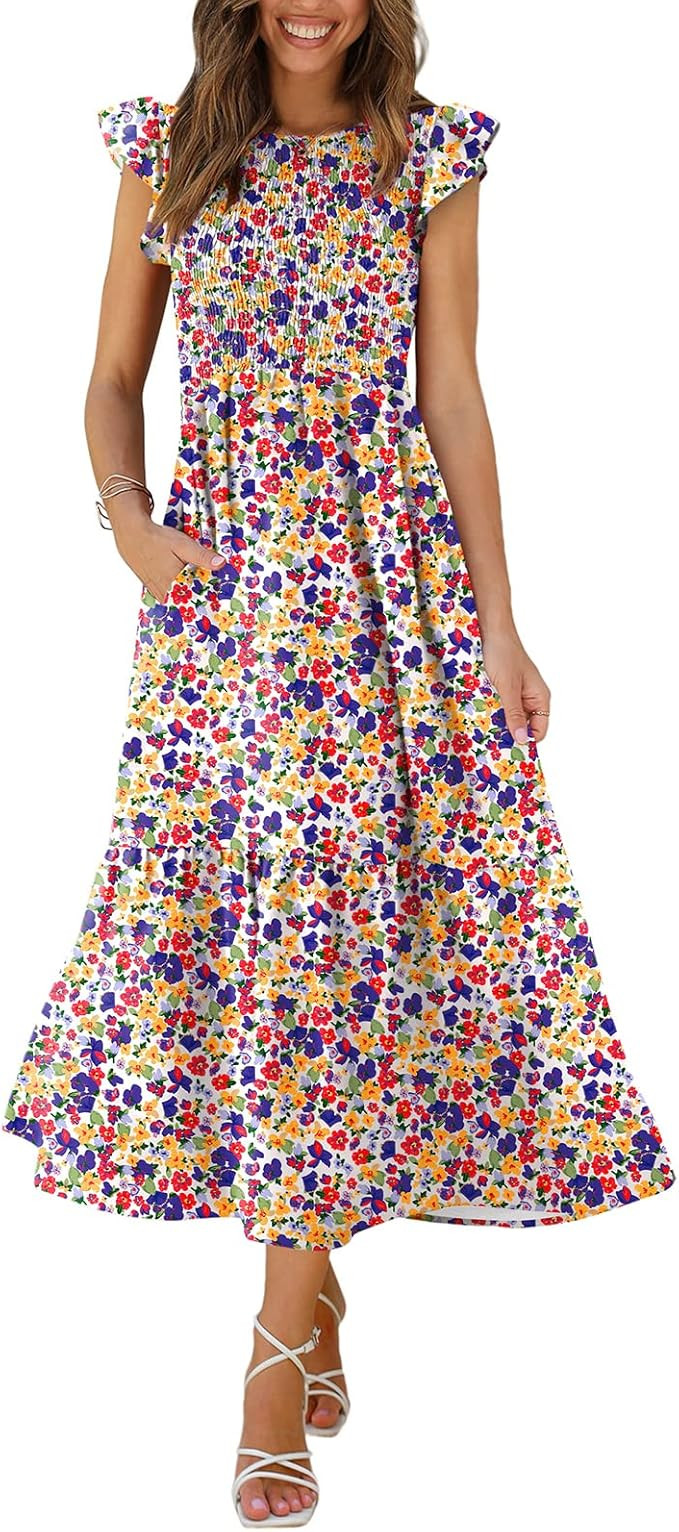 OFEEFAN Women's Casual Maxi Dresses with Pockets Ruffle Sleeve Smocked Dress XS-2XL | Amazon (US)