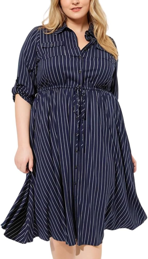 Theenkoln Womens Plus Size Button Dress Collared V Neck 3/4 Sleeve Striped Casual Drawstring Midi... | Amazon (US)