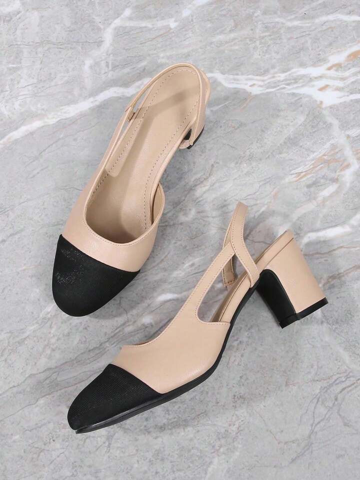 2025 New Square Toe Classic Color Block Backless Side Openwork French Style Ankle Strap Sandals For Women, Plus Size, Vintage French Elegant Low Chunky Heels, Fashion Shoes | SHEIN