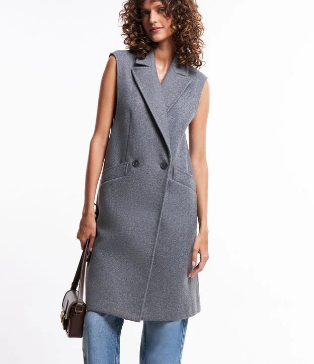 Colete Alongado em Polyvelour com Abotoamento Transpassado Cinza | Renner (BR)