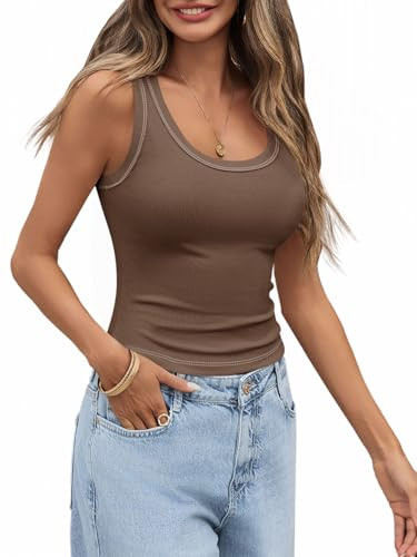Tankaneo Womens Summer Ribbed Tank Top Casual Ringer Scoop Neck Sleeveless Knit Fitted Tops Going Out Tee Shirts Dark Brown | Amazon (US)