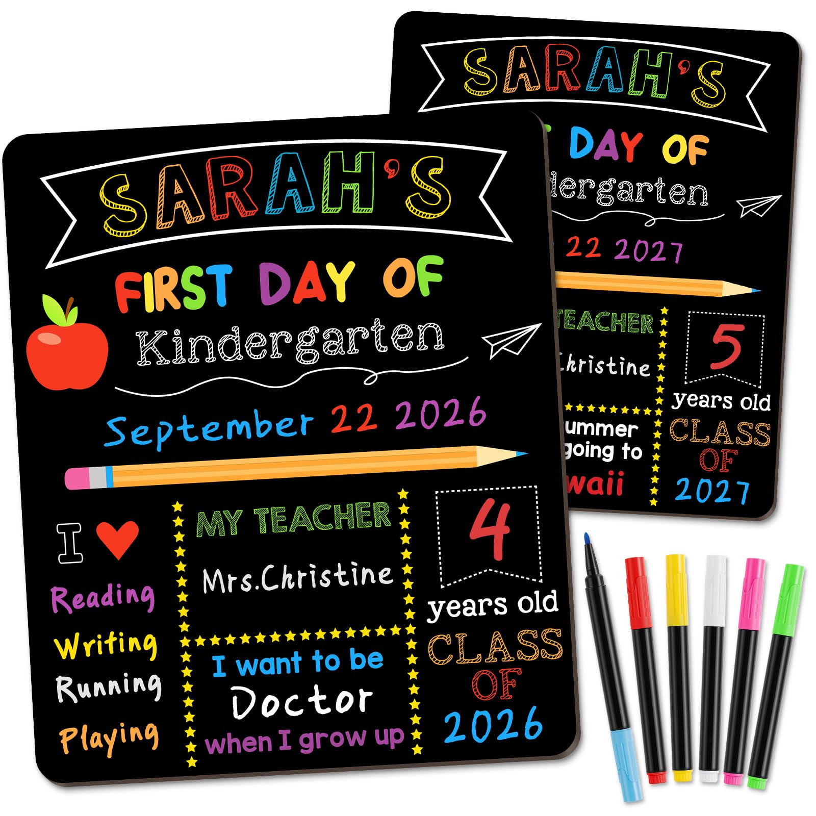 First & Last Day of School Signs with 6 Writing Pens, 10 x 12 Inch Double Sided Back to School Board for Kids/Girls/Boys, Reusable Wooden 1st Day of Preschool/Kindergarten Photo Props | Amazon (US)