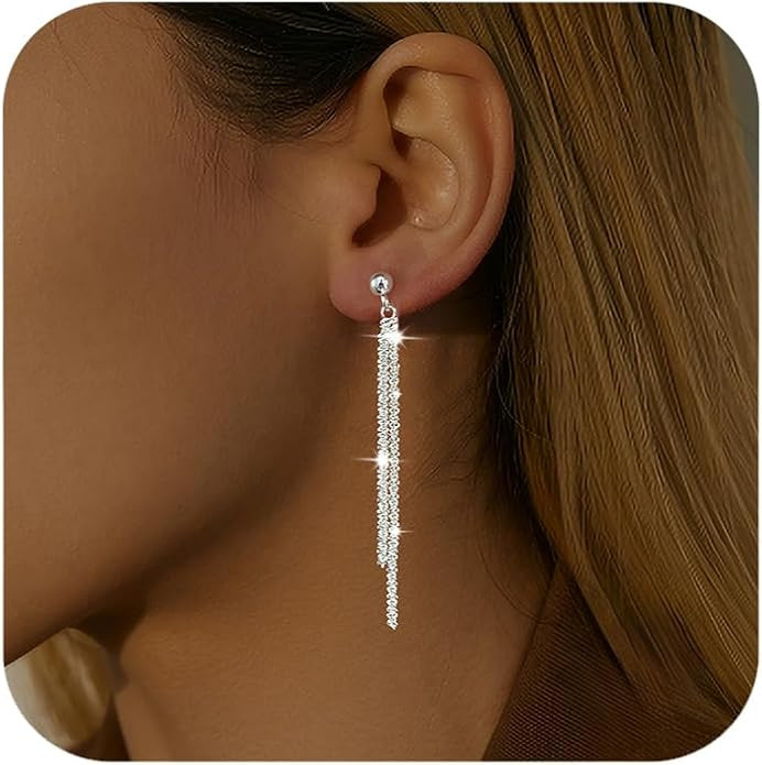 925 Sterling Silver Tassel Chain Dangle Earrings for Women Sparkling Long Fringe Dangle Drop Earr... | Amazon (US)