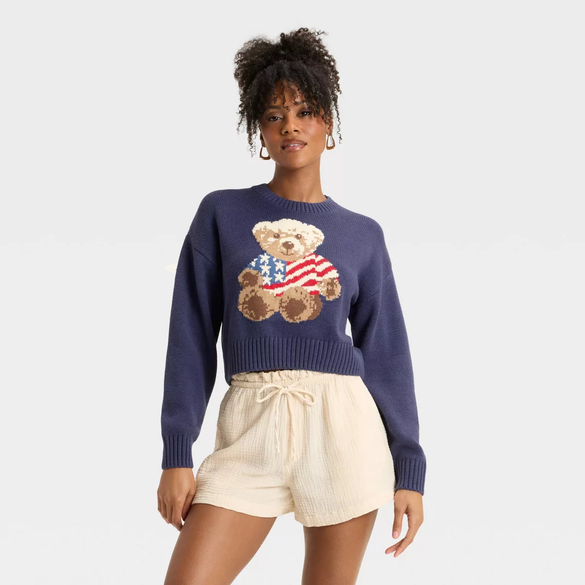 Women's Teddy Bear Flag Graphic Sweater - Navy | Target