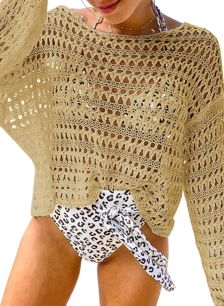 Herseas Women's Summer Crochet Hollow Out Long Sleeve Crewneck Beach Bikini Swimsuit Mesh Cover U... | Amazon (US)