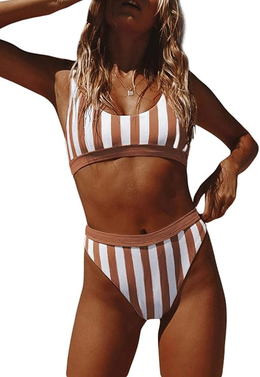 Chase Secret Women's Push Up Striped Printed High Waisted Cheeky Two Piece Swimsuits Bikini Set | Amazon (US)
