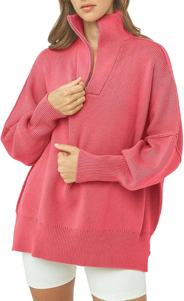 LILLUSORY Women's Long Sleeve 1/4 Zipper Collar Drop Shoulder Oversized Split Hem Slouchy Sweatsh... | Amazon (US)