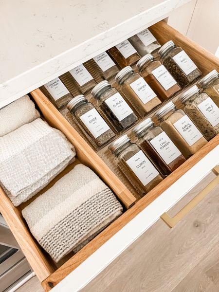 Spice drawer organization, drawer dividers, clear spice drawer organizer, spice jars with labels. 

#LTKhome #LTKunder50