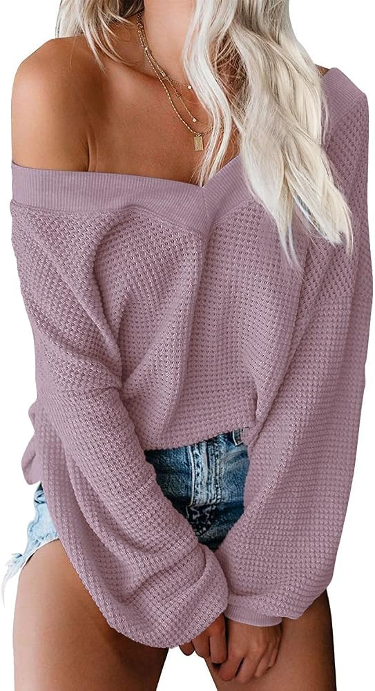 ReachMe Womens Oversized Off The Shoulder Tops Long Sleeve Waffle Knit Shirt Drop Shoulder Sweate... | Amazon (US)