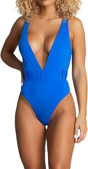 Avanova Womens Sexy Deep V Neck One Piece Swimsuit Strappy Bathing Suit with Belt | Amazon (US)