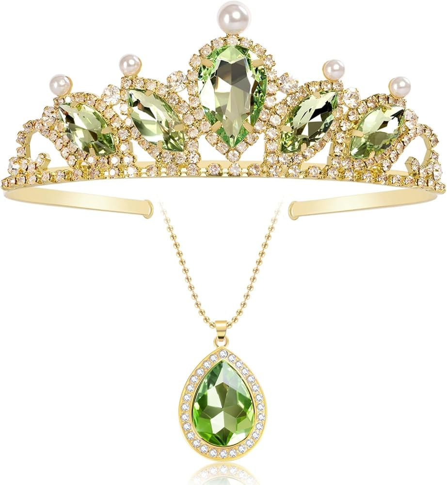 Princess Tiana Set Crown and Necklace Princess Tiana Birthday Outfit Halloween Party Fancy Green ... | Amazon (US)