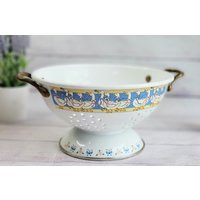 Vintage White Enamelware Colander By M. Kamenstein Inc., Ribbon Geese Blue Pink Motif, Brass Handles, 70S Metal Strainer, Retro Kitchen | Etsy (US)