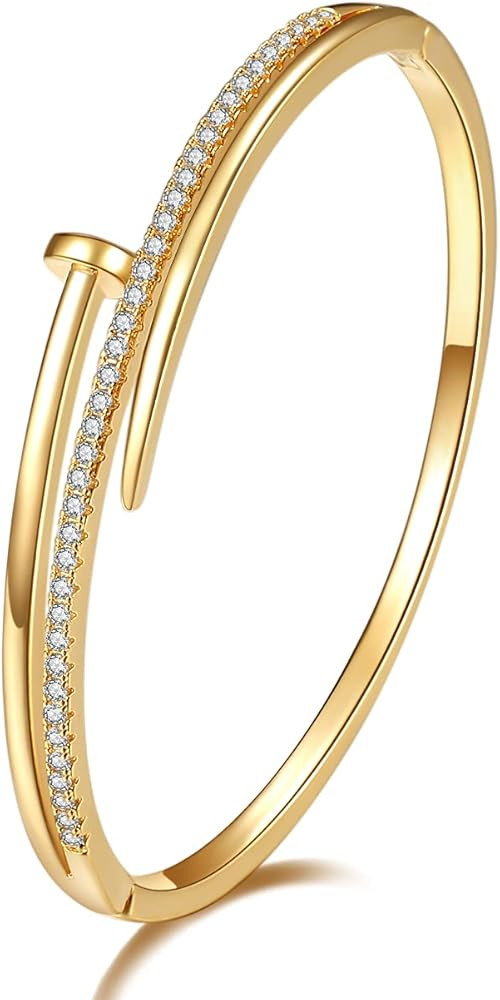 Women's Bangle Bracelet with 18K Gold Plated Bangles, Cut Cubic Zirconia Nail Bracelet | Amazon (US)