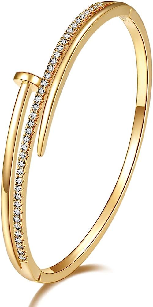 Women's Bangle Bracelet with 18K Gold Plated Bangles, Cut Cubic Zirconia Nail Bracelet | Amazon (US)