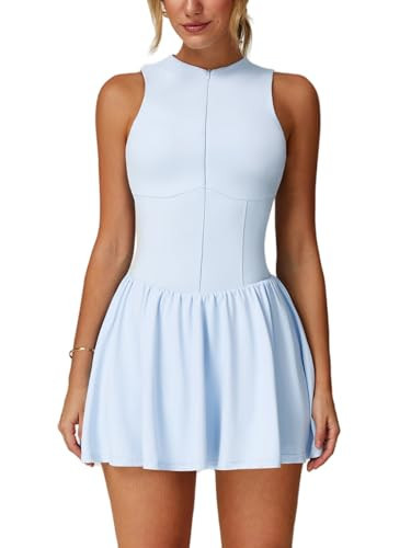 Tennis Dress for Womens Zip Front Yoga Athletic Dresses High Neck Sleeveless Women Workout Golf Dresses with Built-in Bras & Shorts Summer Active Exercise Dress with Pockets Blue M | Amazon (US)