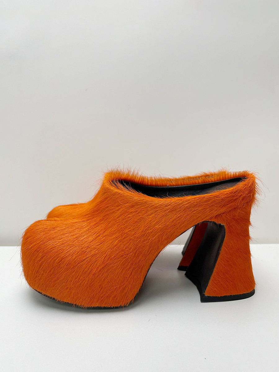 Women's Black Mules Horse Hair Puppy Heel Mule Shoes | Milanoo