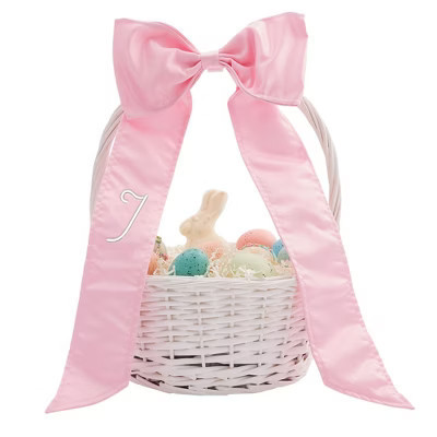 Personalization Mall Embroidered Initial Pink Bow, White Easter Basket, I | Target