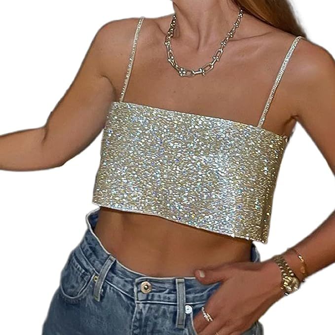 Thexpredr Women 's Sequined Shining Glitter Crop Top Shimmer Sleeveless Rhinestones Y2K Crop Tank | Amazon (UK)