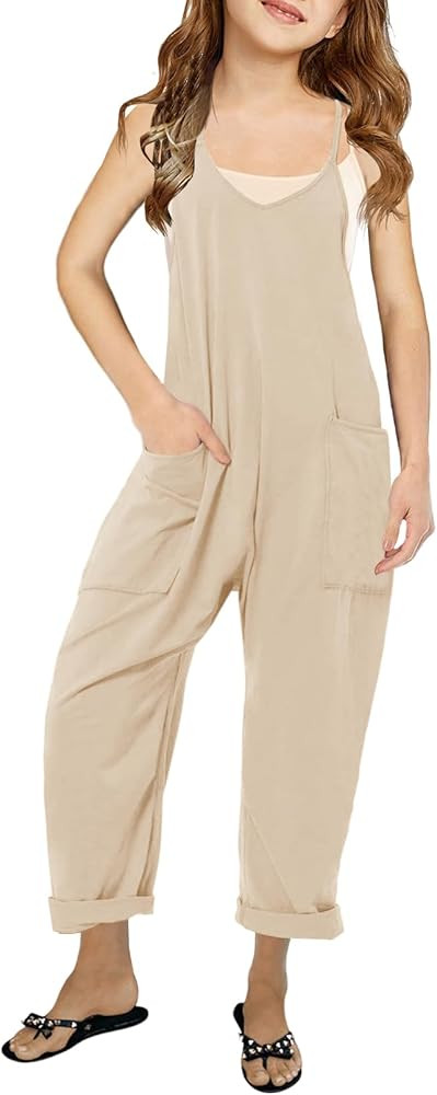 Cnkwei Girls' Casual Sleeveless Jumpsuits Spaghetti Strap Loose Romper Long Pants with Pockets | Amazon (US)