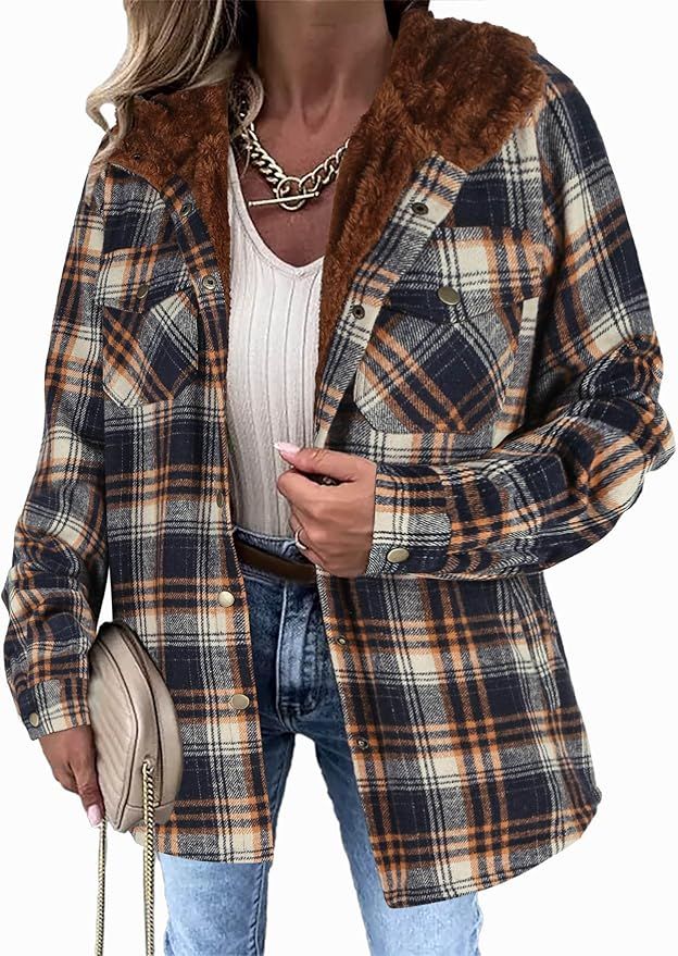 Zeagoo Womens Plaid Shacket Jacket Long Sleeve Button Down Fleece Hooded Jackets Warm Coat | Amazon (US)