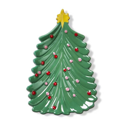 TAG 5.31" x 7.5" Green Christmas Tree with Ornaments Ceramic Decorative Appetizer Plate | Target