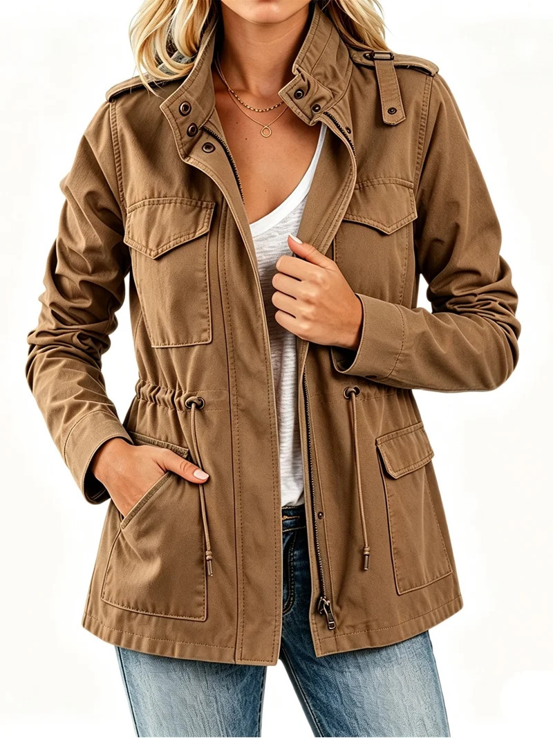 Long Sleeve Women Spring Fall Solid Color Zipper Coat Stand Collar Casual Military Anorak Jackets... | Walmart (US)