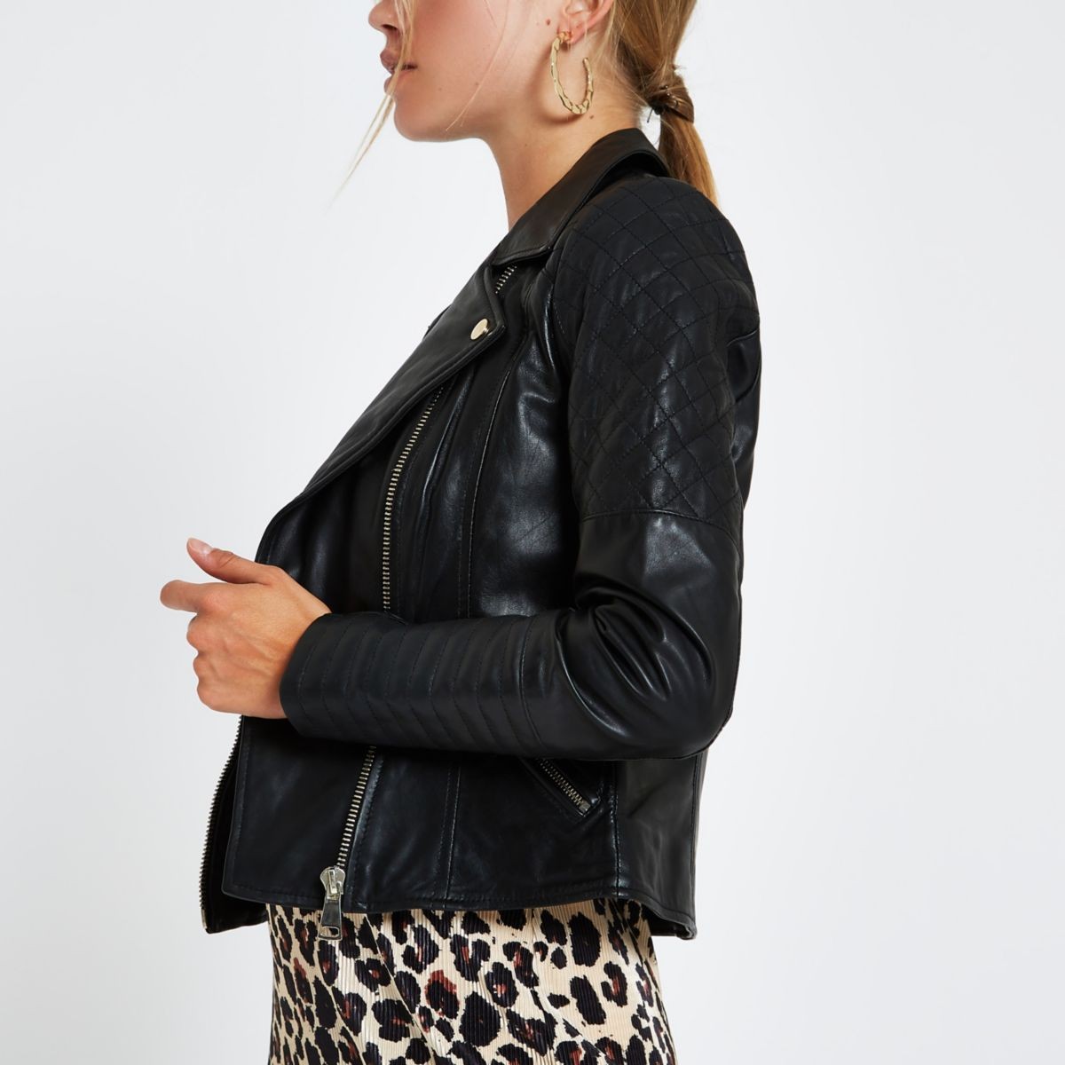 River Island Womens Black leather quilted biker jacket | River Island (UK & IE)