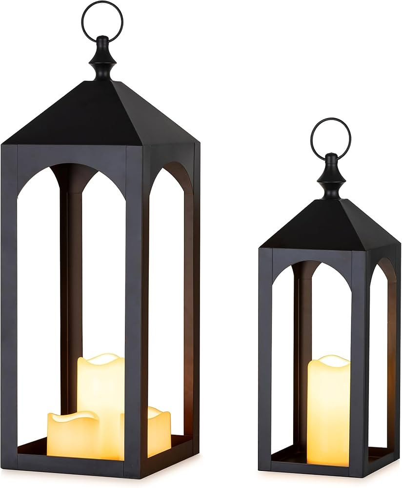Tall Black Lanterns Decorative Indoor Set of 2 - Large Metal Floor Lantern Candle Holder for Fire... | Amazon (US)