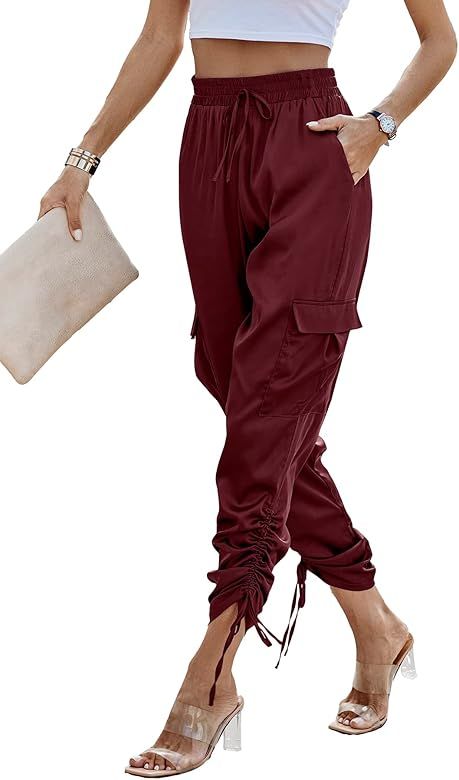 PRETTYGARDEN Women's Satin Jogger Casual High Waist Long Lounge Pants with Pockets | Amazon (US)