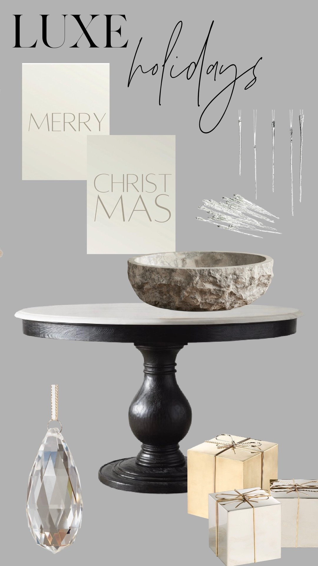 Luxe holiday details I’m loving right now. Neutral tones, elevated textures, and those little finishing touches that make your home feel intentionally styled for the season. Linking everything I used here — the stone bowl, the pedestal table, the crystal accents, and the metallic gift boxes. Perfect pieces to mix into any modern holiday look.

#LTKHoliday #LTKHome #LTKSeasonal