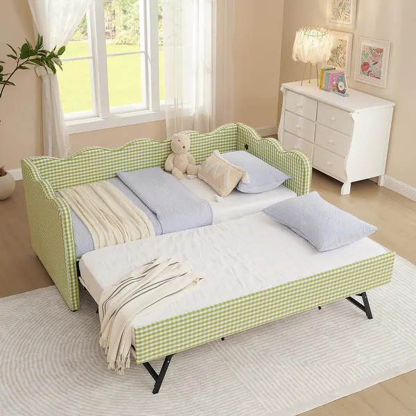 Twin Gingham Daybed with Trundle - USB Ports, Wave Design, Linen Fabric, No Box Spring - Green | Bed Bath & Beyond