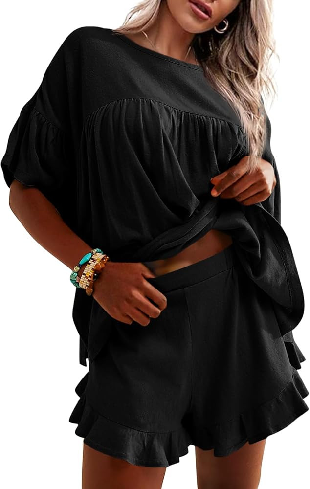 Tankaneo Womens 2 Piece Pajama Sets Vacation Outfits Ruffle Sleeve Babydoll Tops and Shorts Loung... | Amazon (US)