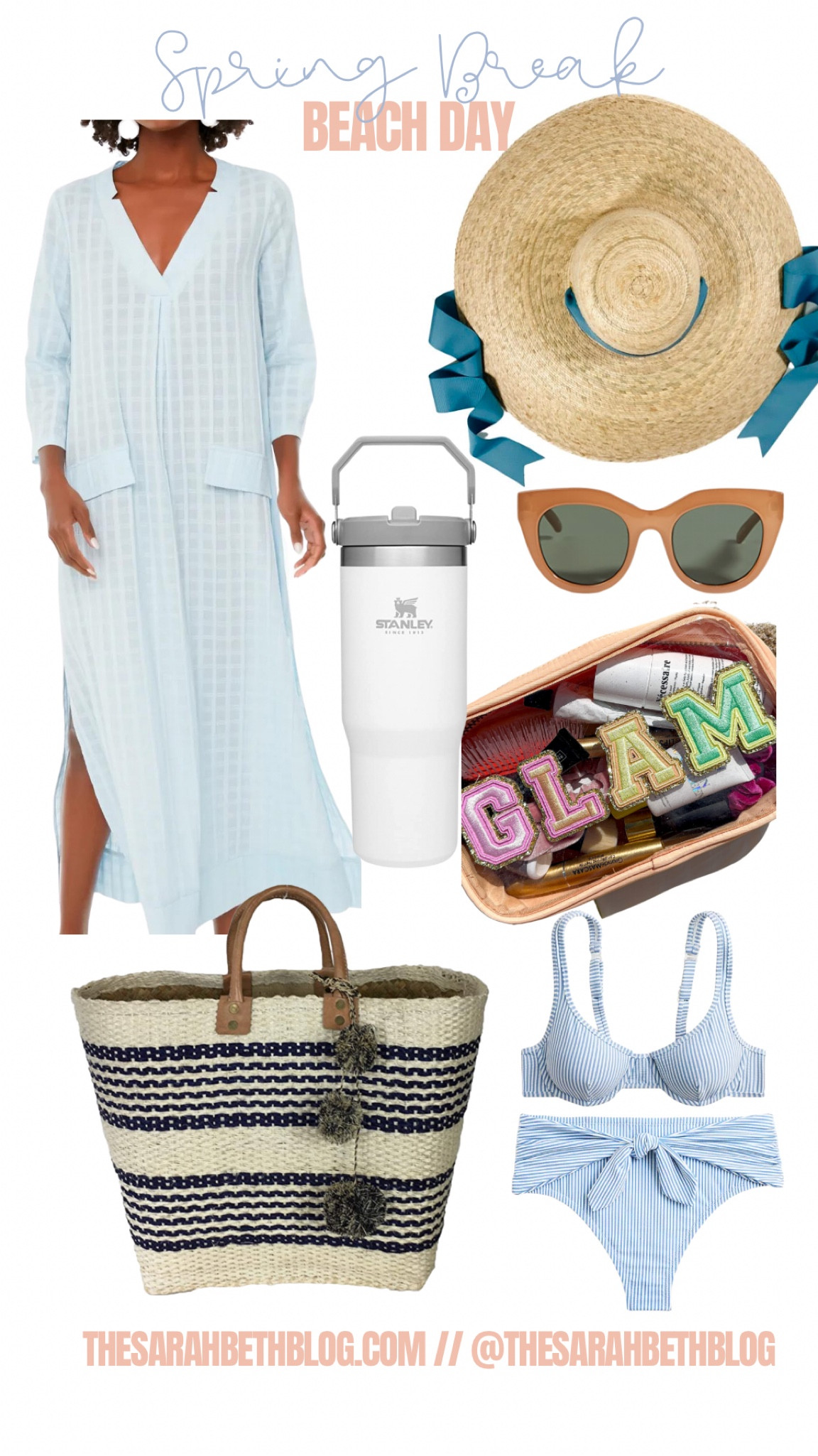 Spring break beach day outfit idea. Tuckernuck blue caftan. Tuckernucking. Sarah bray Bermuda hat le specs sunglasses rattan stripe beach bag JCREW seersucker swimsuit 

#LTKswim #LTKSeasonal #LTKtravel