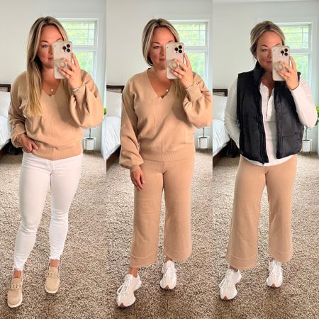 Two piece sweater set from Amazon styled 3 ways. 

I’m 5’3’’ and I’m wearing a small in both the top and bottoms. 

New balance 327 outfit. Two piece set outfit. Cropped vest outfit. Amazon style. Amazon outfit. 

#LTKfindsunder100