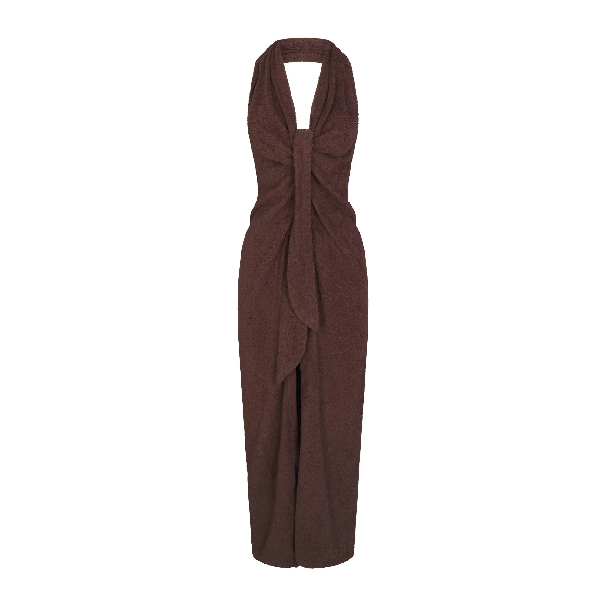 TERRY COVER-UPS DEEP PLUNGE HALTER WRAP DRESS | DARK SEPIA | SKIMS | SKIMS (US)