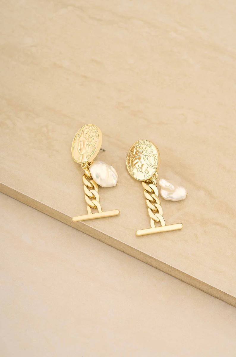 Ancient Coin and Pearl Charm 18k Gold Plated Drop Earrings | Ettika