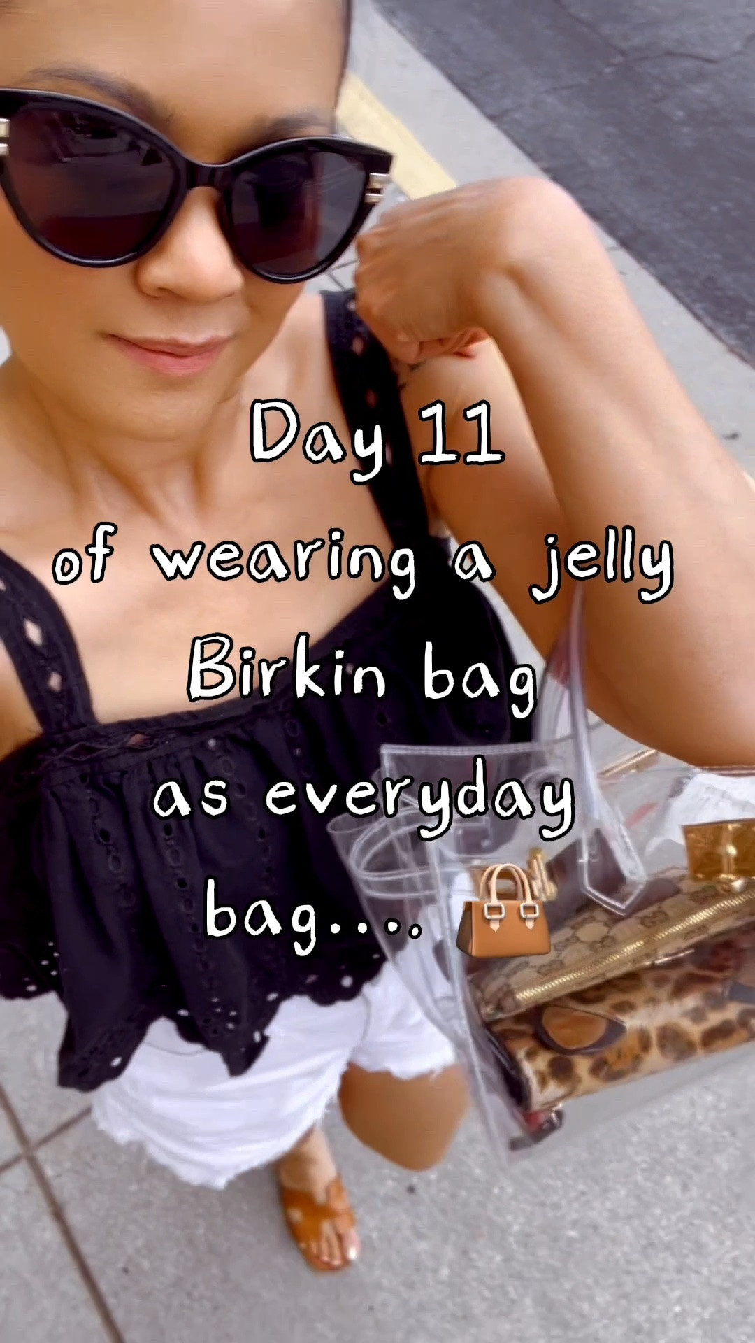 Day 11 of wearing a clear jelly Birkin bag. 
OOTD: White denim shorts and eyelets lace black top. #firkin #jellybirkinbag #clearbirkinbag

#LTKootd